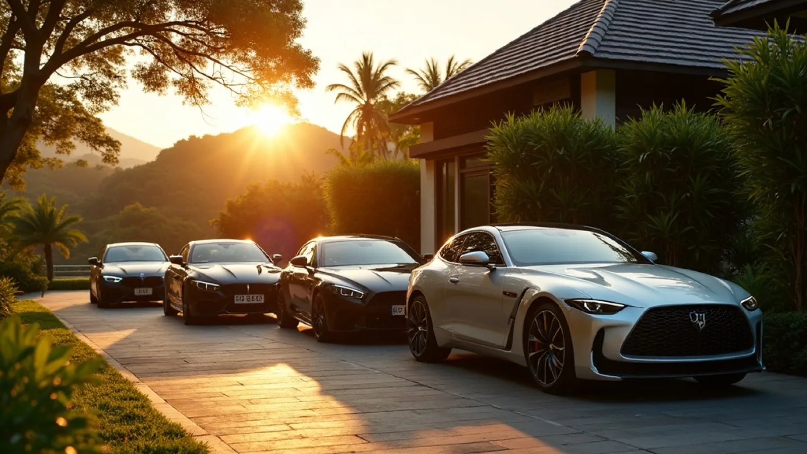 Armada mobil mewah Bali — deretan sedan, SUV dan cabriolet di halaman estate