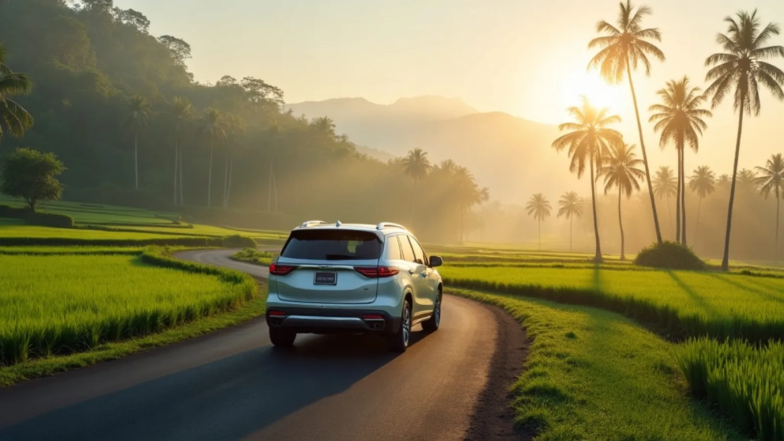 Paket wisata mobil mewah Bali — MPV di jalan sawah terasering Tegalalang