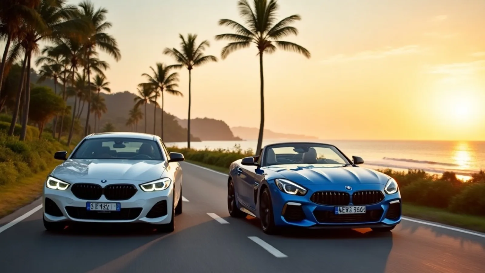 Sewa BMW di Bali — sedan dan roadster BMW di jalan pesisir Canggu