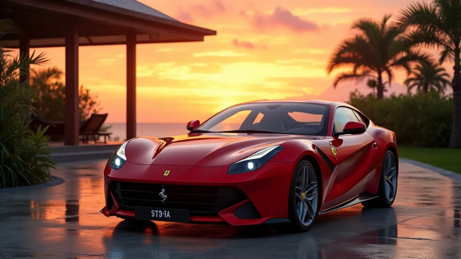 Sewa Ferrari di Bali — mobil sport merah di beach club Seminyak