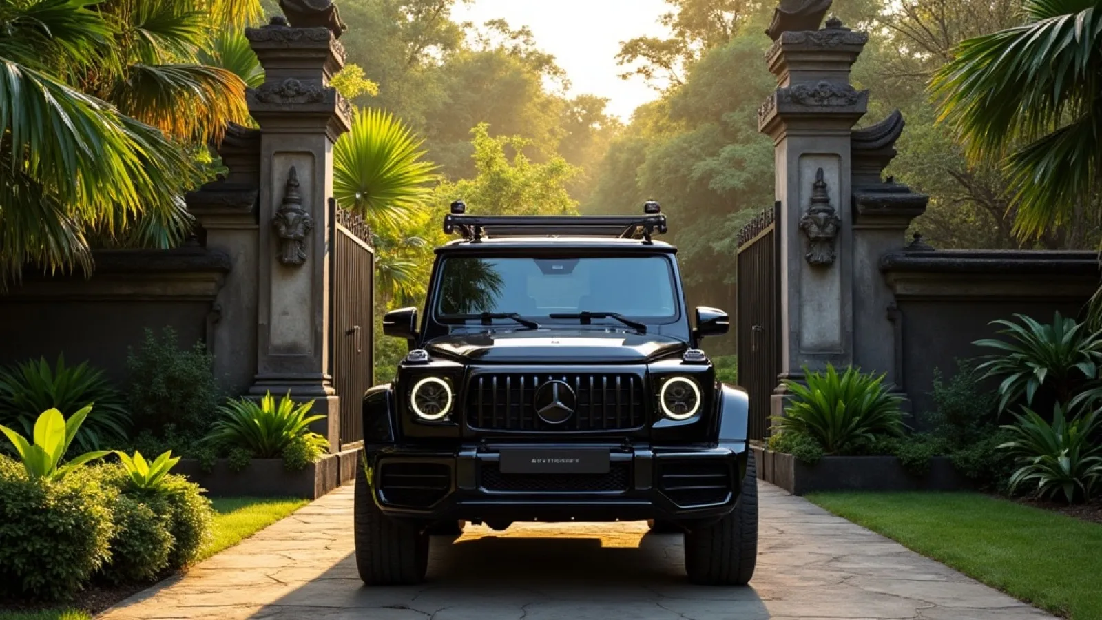 Sewa Hummer di Bali — SUV besar mewah di gerbang villa tropis