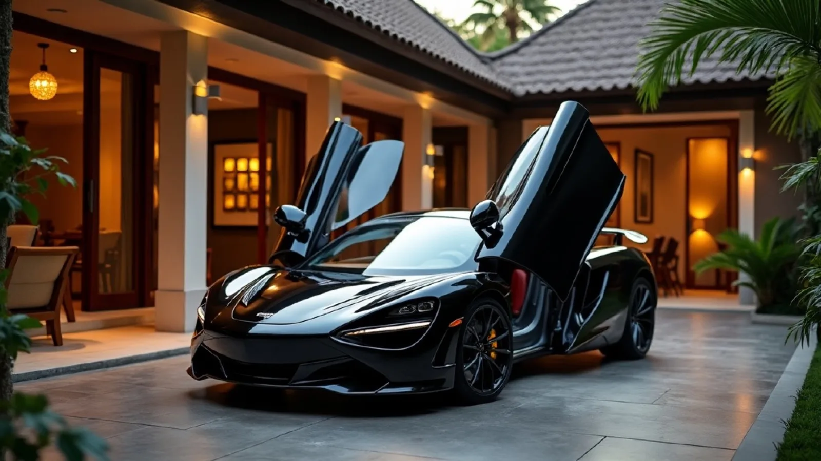 Sewa Lamborghini di Bali — supercar dengan pintu terbuka di resor