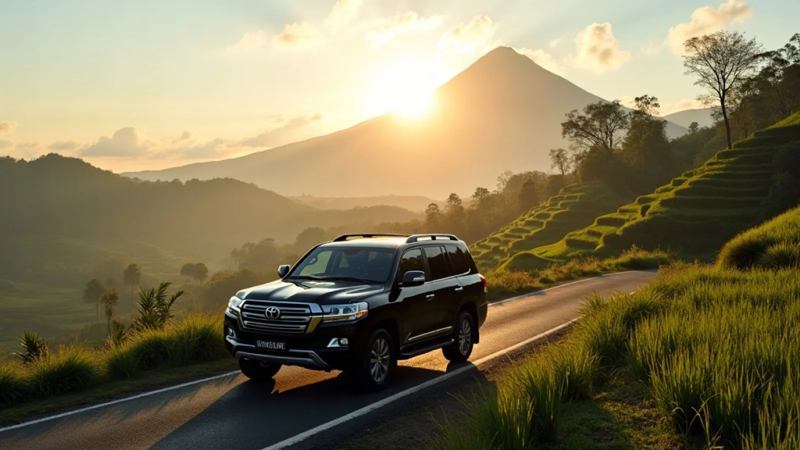 Sewa Toyota Land Cruiser di Bali — SUV di jalan pegunungan sawah terasering