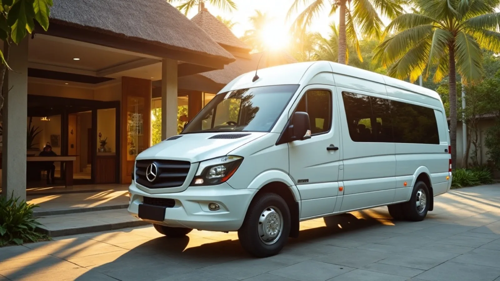 Sewa minibus di Bali — minibus penumpang untuk rombongan di lobi hotel